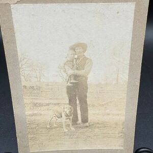 Antique Mounted Photo Cowboy Man Child Beagle Dog Early 1900s Rural Farm Scene‎